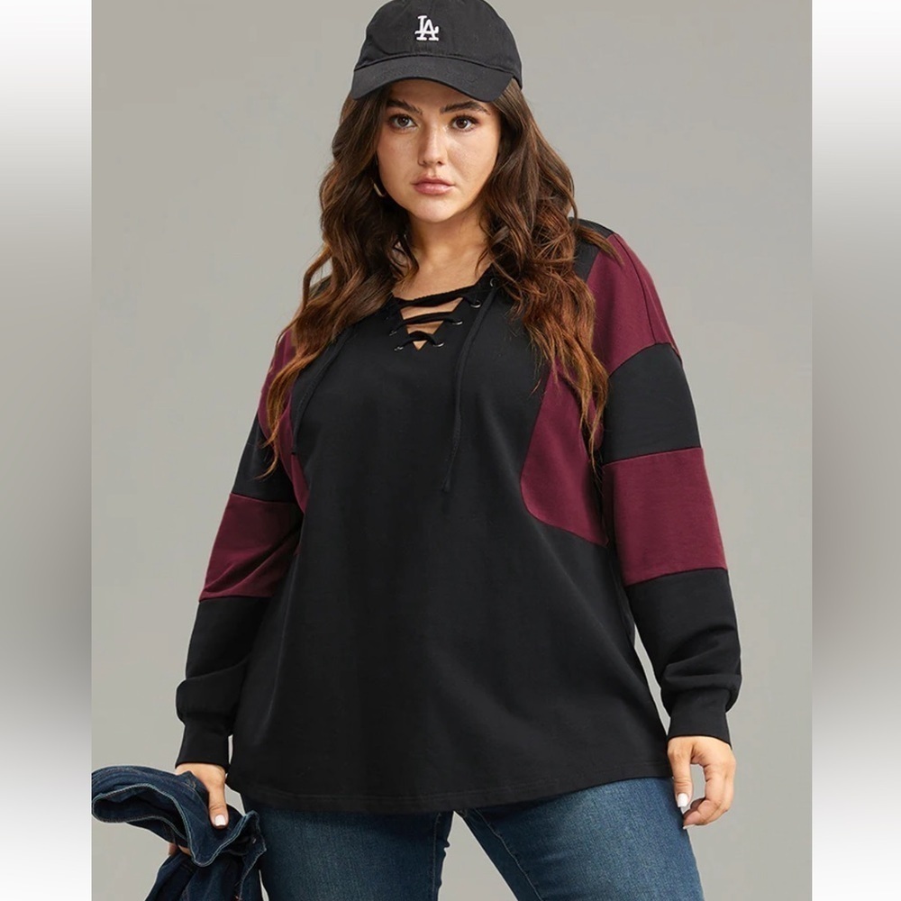 BloomChic Cotton Colorblock Contrast Lace Up Sweatshirt Size M